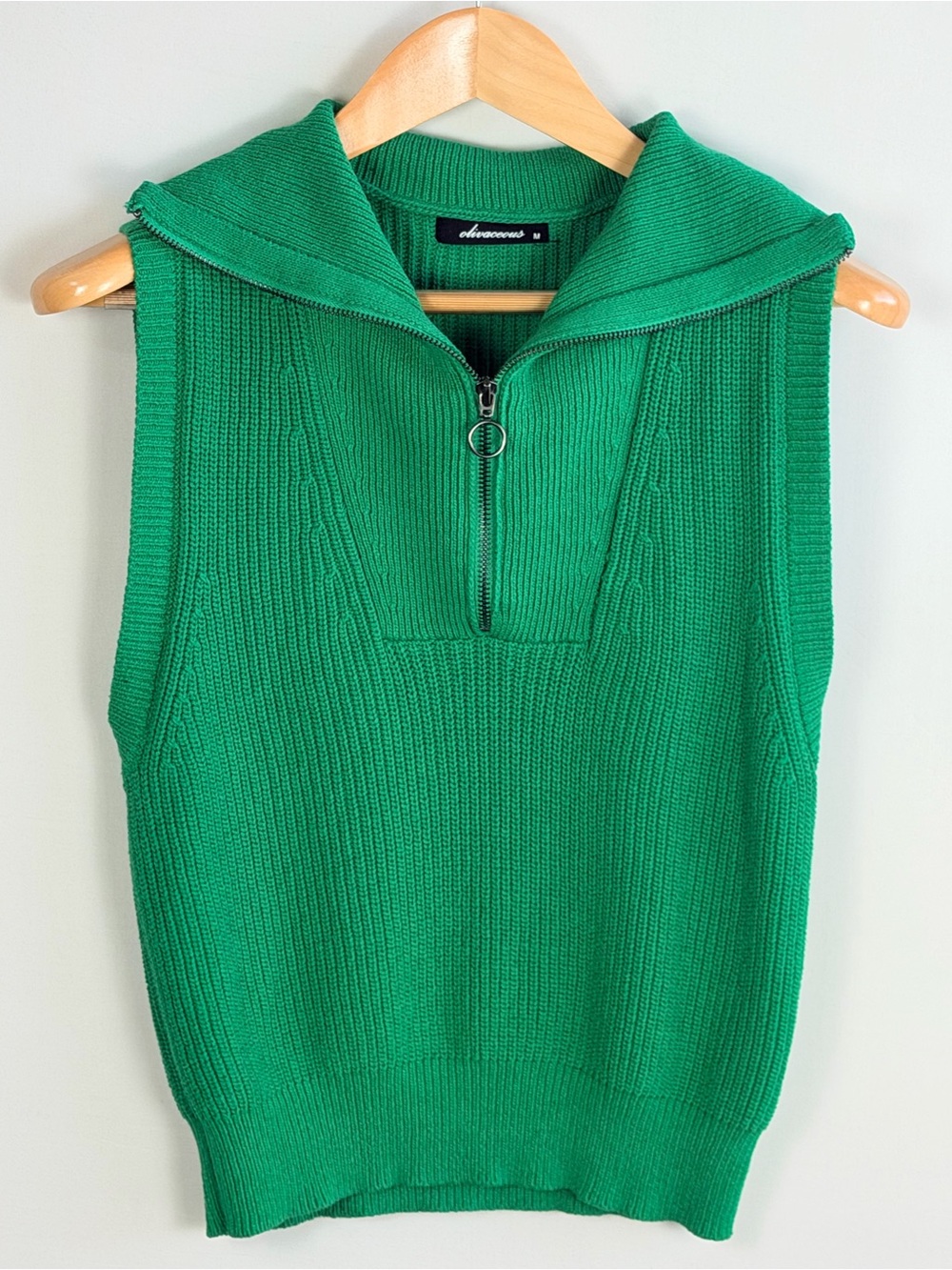 Kelly Green Half Zip Sweater Vest Oversized Collar Ring Zip Medium